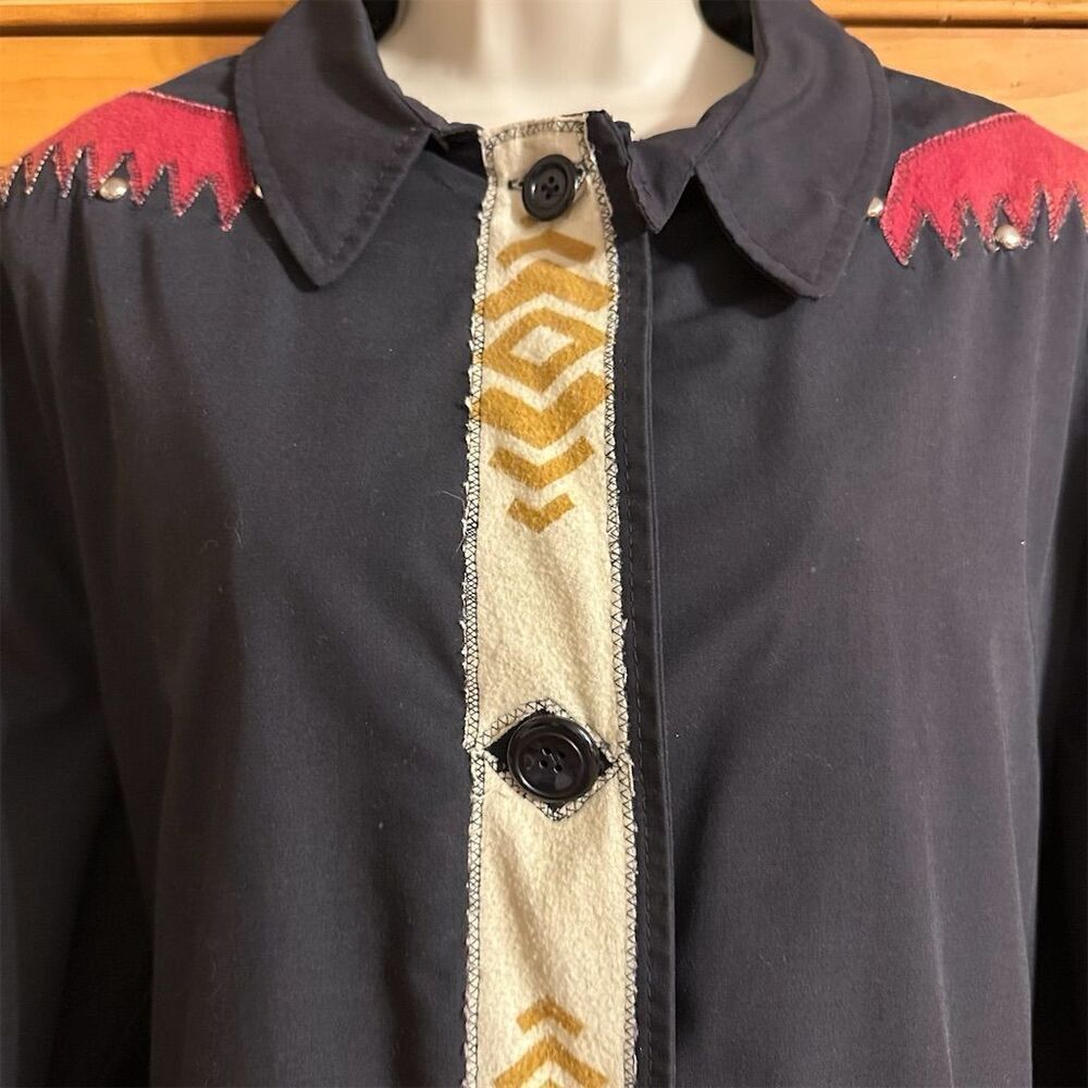Vintage Campus Permanent Press Black Unisex Southwestern Embellished Trench Coat - Picture 5 of 16